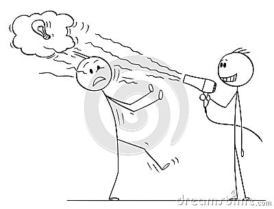 Cartoon of Businessman Using Hairdryer to Blow Off Idea of Business Competitor Vector Illustration