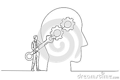Cartoon of businessman with using wrench fixing gear cogwheels metaphor for change mindset attitude. One line art style Vector Illustration