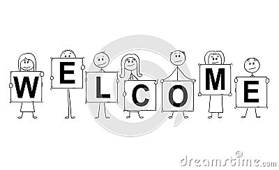 Cartoon of Businessmen and Businesswomen Holding Signs With Welcome Text Vector Illustration