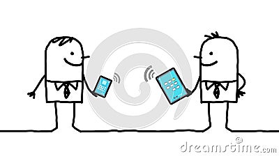 Cartoon businessmen connected with digital tablet and phone Vector Illustration