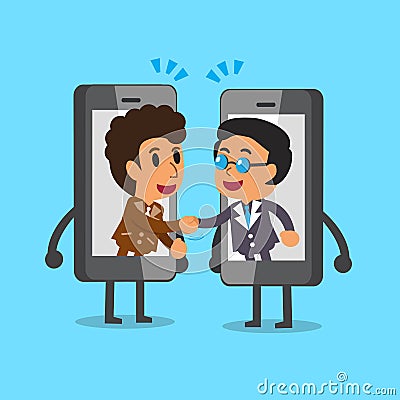 Cartoon businessmen shaking hands by smartphone Vector Illustration