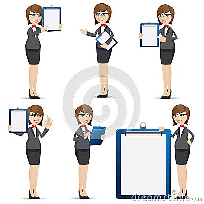 Cartoon businesswoman with blank board set Vector Illustration