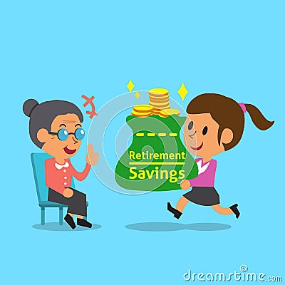 Cartoon businesswoman carrying retirement savings bag for old woman Vector Illustration