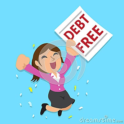 Cartoon businesswoman with debt free letter Vector Illustration