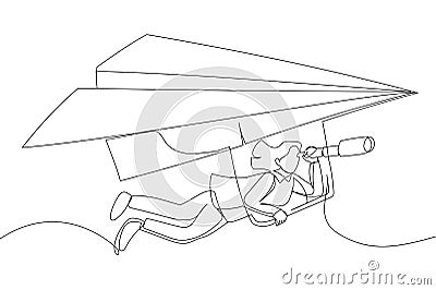 businesswoman flying paper airplane origami as glider with telescope to see future. Future forecast or discover new Vector Illustration
