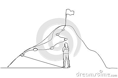 Cartoon of businesswoman following the lines leading to the top of success. Single line art style Vector Illustration