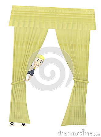 Cartoon businesswoman hiding behind curtain Stock Photo