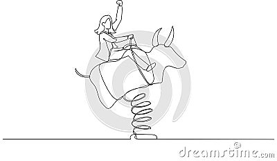 Cartoon of businesswoman investor riding and balance himself on rodeo bull concept of stock investor. Single continuous line art Vector Illustration