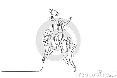 Cartoon of businesswoman jumping holding trophy get reward and celebrate. Continuous line art Vector Illustration