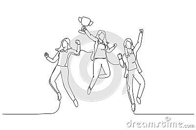 Cartoon of businesswoman jumps in the air with trophy cup in the hand getting recognition. Single line art style Vector Illustration