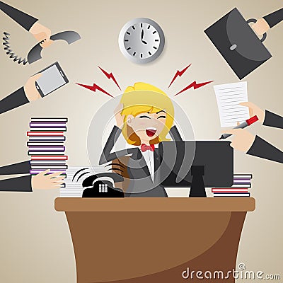 Cartoon businesswoman with many workload Vector Illustration