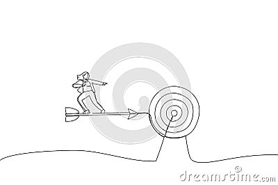 Cartoon of businesswoman riding on arrow. Continuous line art style Vector Illustration