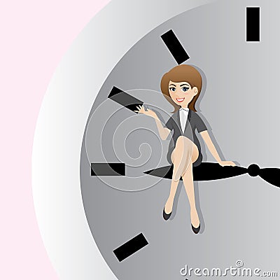 Cartoon businesswoman sitting on clockwise Stock Photo