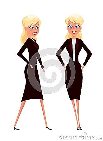 Cartoon businesswoman. Standing and walking blonde fashionable modern lady. Vector Illustration