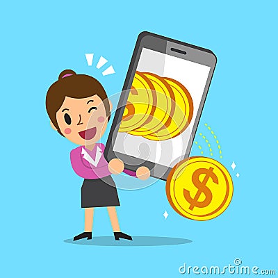 Cartoon businesswoman using smartphone to earn money Vector Illustration