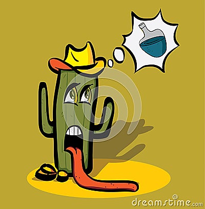 Cartoon cactus faint from thirst in the desert and Vector Illustration