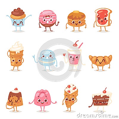 Cartoon cake character chocolate sweets confectionery cupcake emotion and sweet confection dessert with caked candies Cartoon Illustration