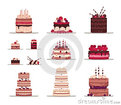 Cartoon cake. Chocolate and fruit delicious dessert, wedding pastry and birthday pie. Traditional celebration meal Vector Illustration