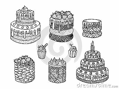 Cartoon cake. Doodle - black and white vector illustration. Vector Illustration