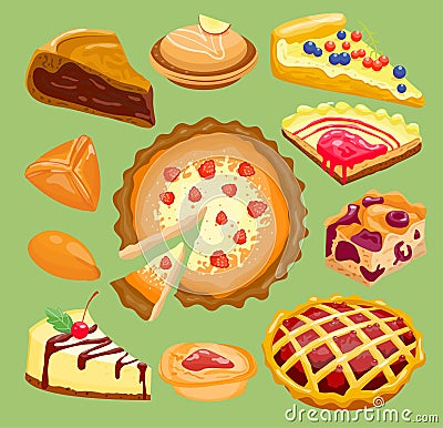 Cartoon cakes pie slice fresh tasty berry dessert sweet pastry pie isolated on background. Gourmet homemade delicious Vector Illustration