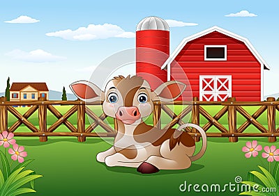 Cartoon calf with farm background Vector Illustration