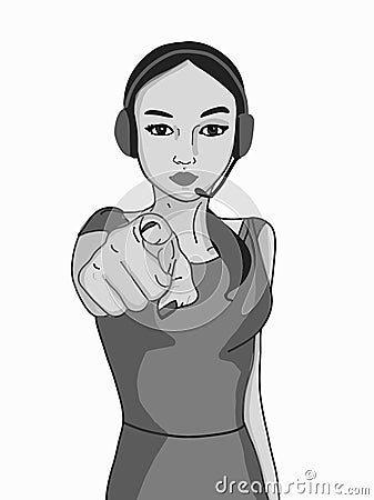 Cartoon callcenter woman characters pointing to you Stock Photo