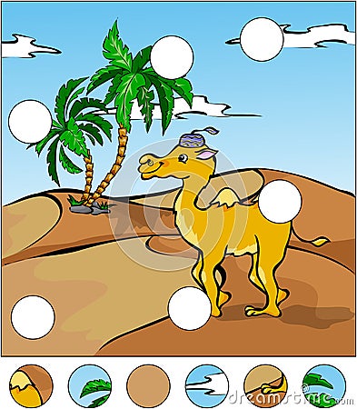 Cartoon camel in the desert. complete the puzzle and find the mi Vector Illustration