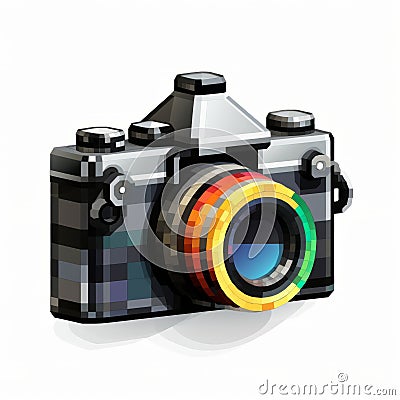 Realistic Pixel Art Camera Icon On White Background Cartoon Illustration