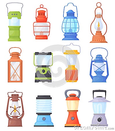 Cartoon camp lanterns. Garden lantern candles, kerosene lamp for camping travelling, vintage old lamps on gas or oil Vector Illustration