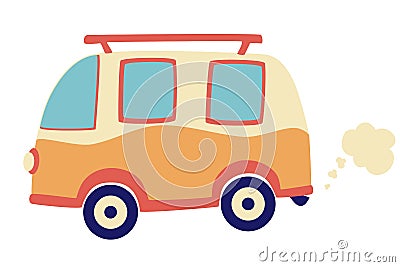 Cartoon Camper bus. Retro car. Travel omnibus family summertime holidays. Vacation poster concept. Surf camp, rv travel coach in Vector Illustration