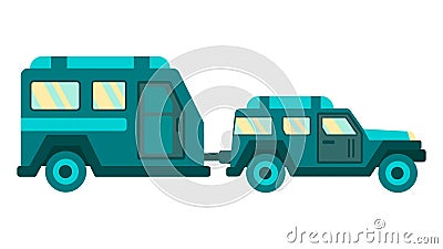 Cartoon Camper Trailer and Car Travel Card Design Vector Illustration