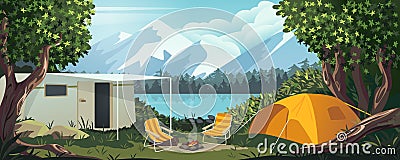 Cartoon camping. Summer nature scene with trailer tent and bonfire. Scenic forest panorama. Lake and mountain peaks Vector Illustration