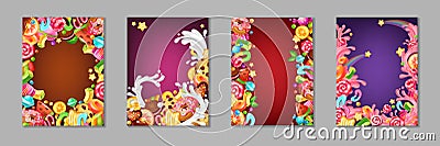 Cartoon candy posters. Background templates with sweets and desserts for kids, chocolate and caramel cakes lollipops and Vector Illustration