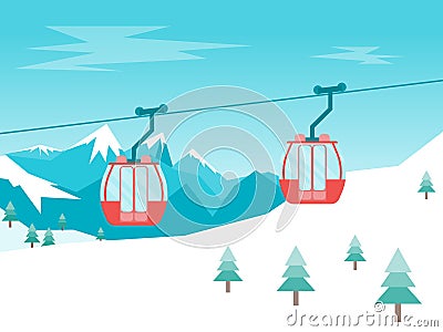 Cartoon Car Cabins Cableway in Mountains. Vector Vector Illustration