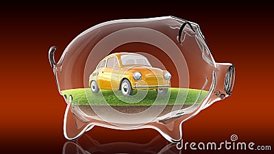 Cartoon car inside transparent piggy bank. 3d rendering Stock Photo