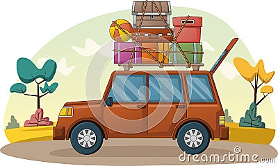 Cartoon car with suitcases on car roof. Car with travel cases. Vector Illustration