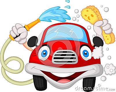 Cartoon car washing with water pipe and sponge Vector Illustration