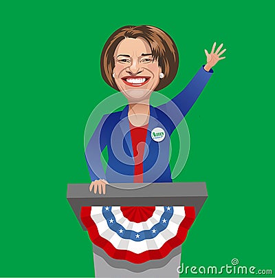 Cartoon caricature of Democratic candidate Amy Klobuchar, campaigning for United States President Vector Illustration