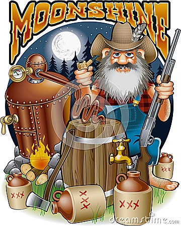 Cartoon caricature of hillbilly with shotgun, corn pipe and moonshine distillery Vector Illustration