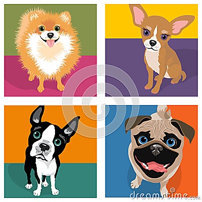 Cartoon caricatures of 4 dog breeds. Pomeranian, Chihuahua, Boston Terrier, Pug. Vector Illustration