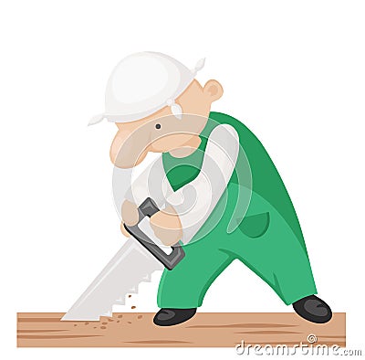 Cartoon carpenter with hand saw. Vector Illustration
