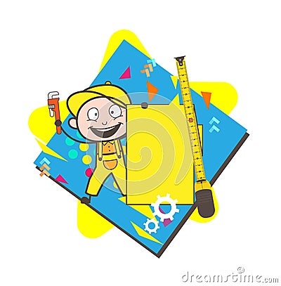 Cartoon Carpenter with Measuring Tape and Ad Banner Vector Stock Photo