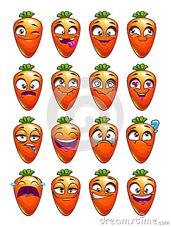 Cartoon carrot character emotions set. Vector Illustration