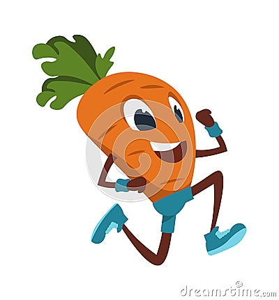 Cartoon carrot. Funny vegetable doing fitness exercises and jogging. Running mascot. Outdoor sport activities. Isolated Vector Illustration