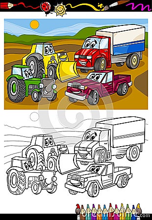 Cartoon cars and trucks for coloring book Vector Illustration