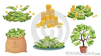 Cartoon cash. Green dollar banknotes pile, rich gold coins and pay. Cash bag, tray with stacks of bills and money tree Vector Illustration