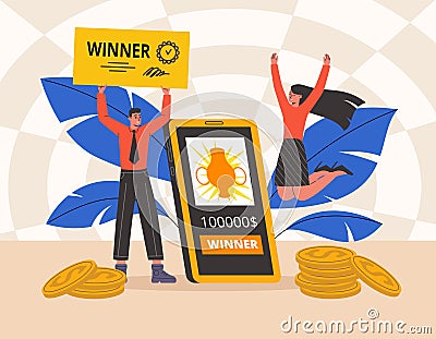 Cartoon casino winners. Happy couple with big check. Victory coupon. Online jackpot. Golden coins stacks. Funny joyful Vector Illustration