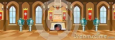 Cartoon castle hall with knights, fireplace and windows in big r Vector Illustration