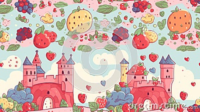 Cartoon castle pattern. Falling fruits and vegetables. Stock Photo