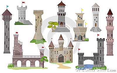 Cartoon castle vector fairytale medieval tower of fantasy palace building in kingdom fairyland illustration set of Vector Illustration